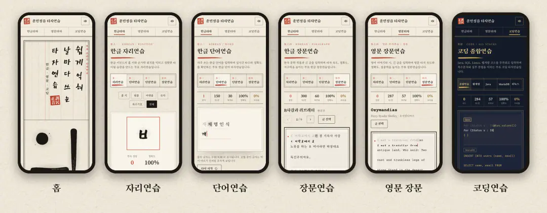 훈민정음 타자연습 모바일 화면 여섯 쪽